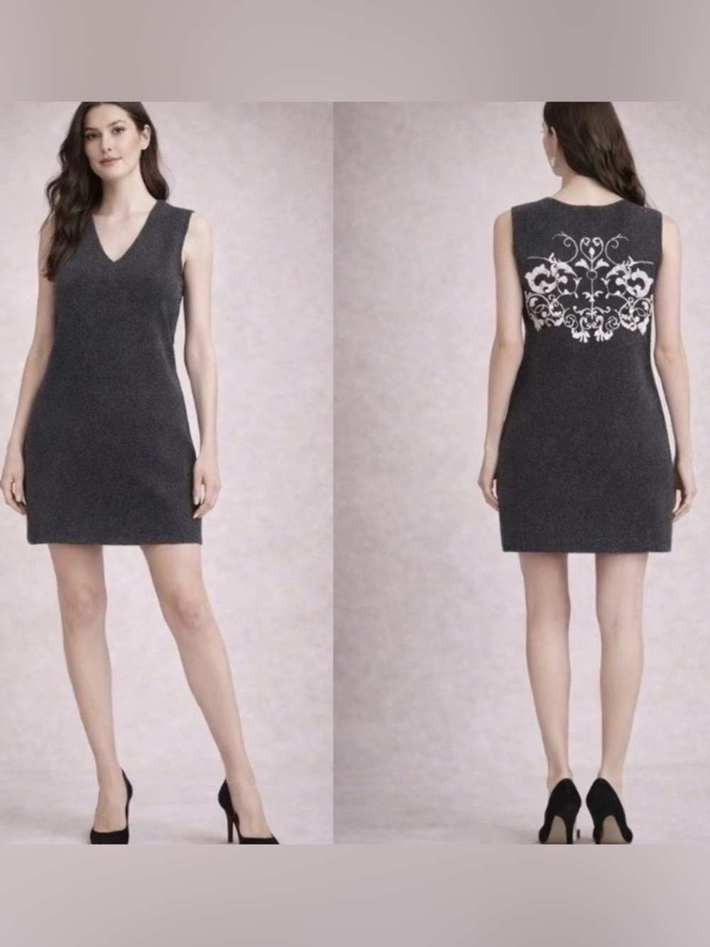 100% Cashmere Gray Mini Sweater Dress Crochet Embroidered Back Size M